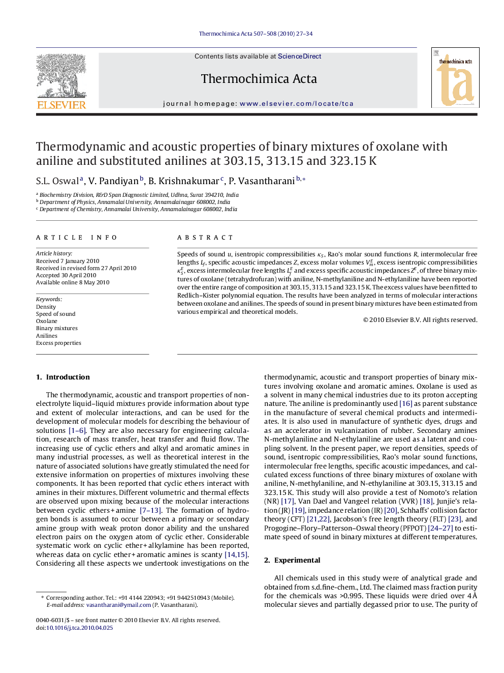 Thermodynamic and acoustic properties of binary mixtures of oxolane with aniline and substituted anilines at 303.15, 313.15 and 323.15 K