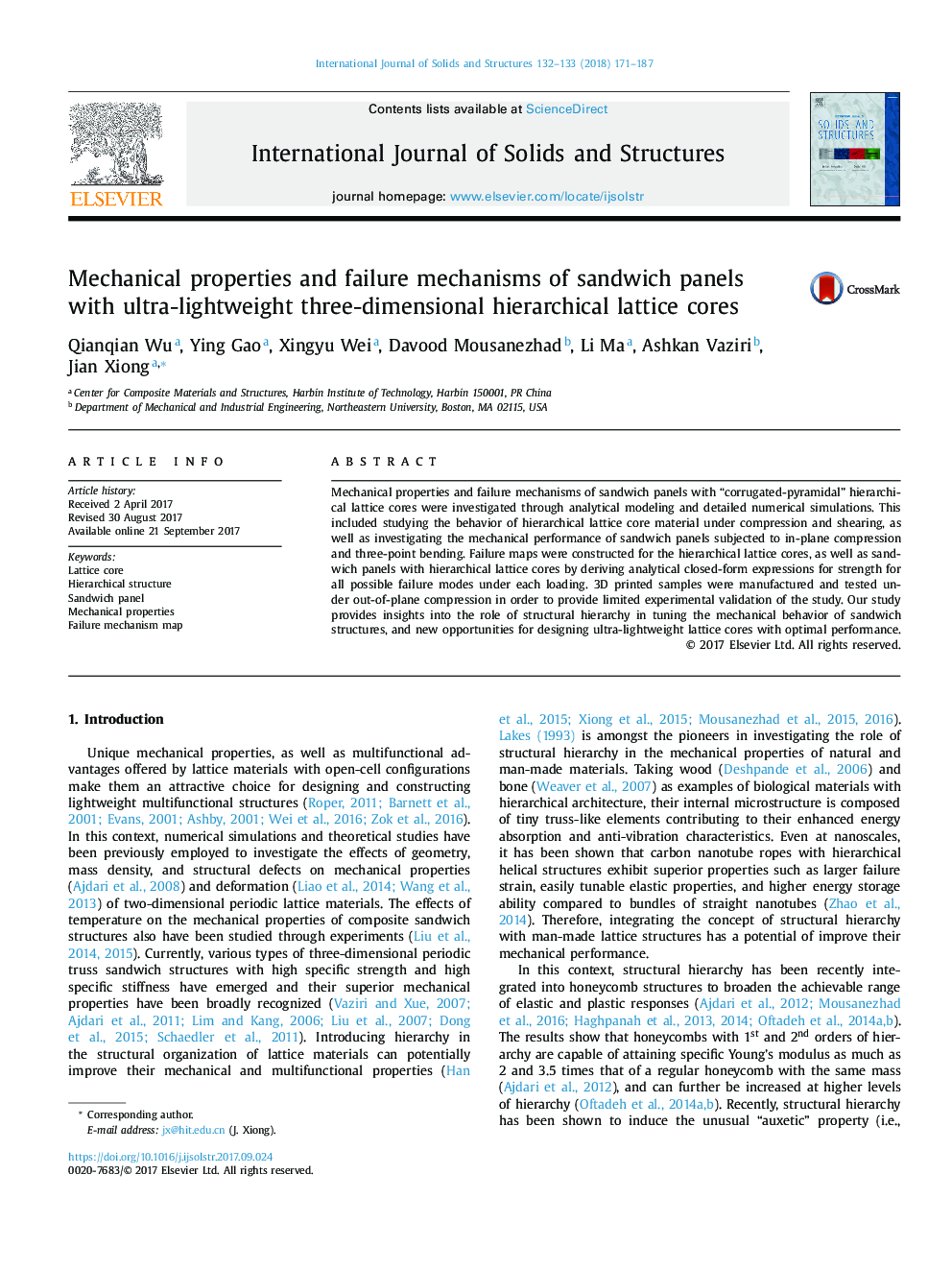 Mechanical properties and failure mechanisms of sandwich panels with ultra-lightweight three-dimensional hierarchical lattice cores