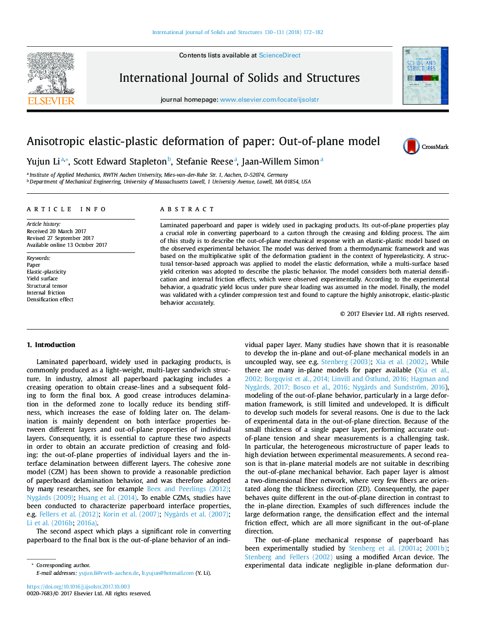 Anisotropic elastic-plastic deformation of paper: Out-of-plane model