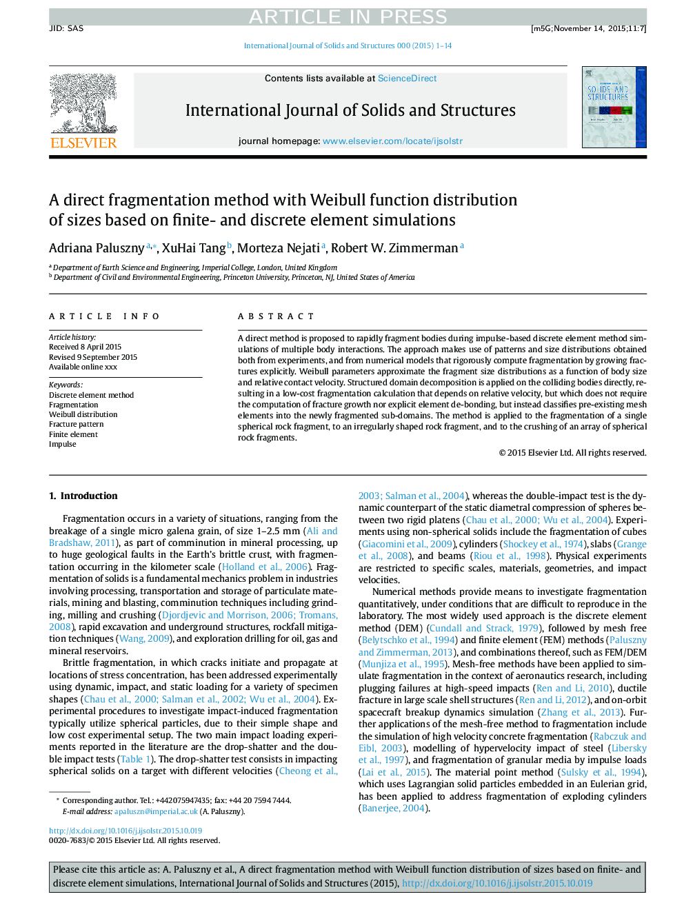 A direct fragmentation method with Weibull function distribution of sizes based on finite- and discrete element simulations