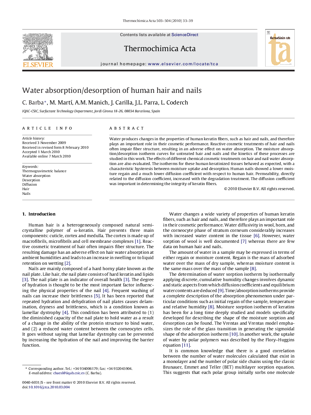 Water absorption/desorption of human hair and nails