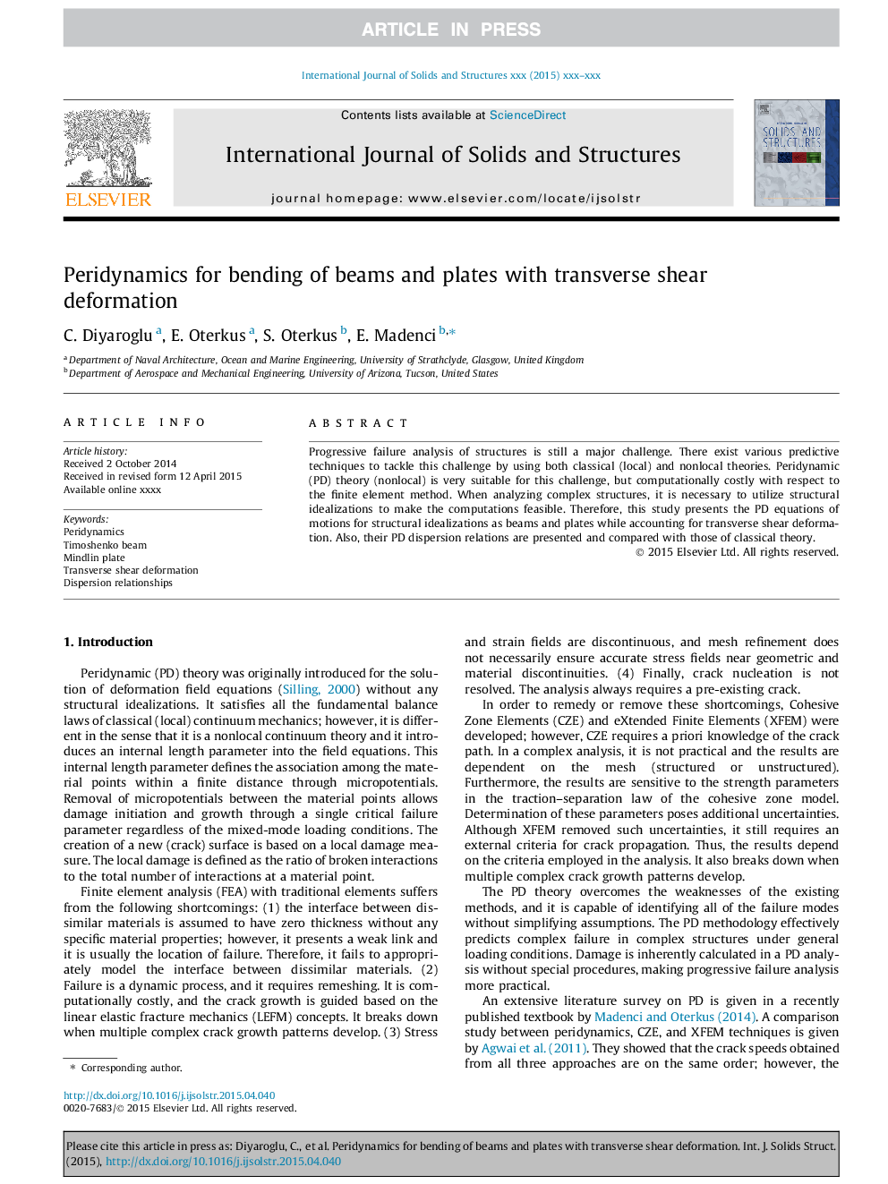 Peridynamics for bending of beams and plates with transverse shear deformation