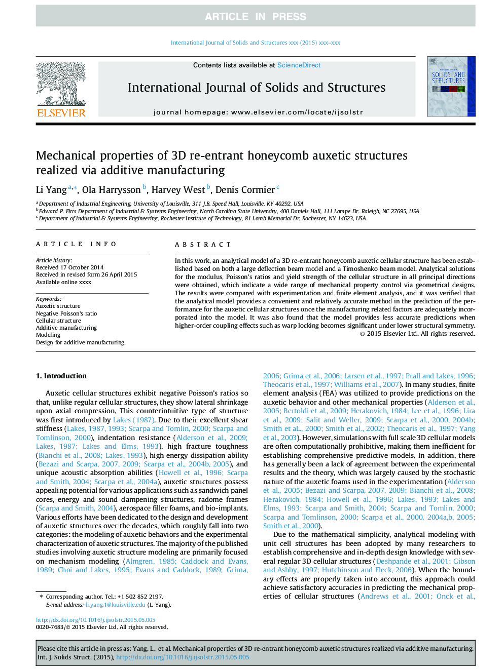 Mechanical properties of 3D re-entrant honeycomb auxetic structures realized via additive manufacturing