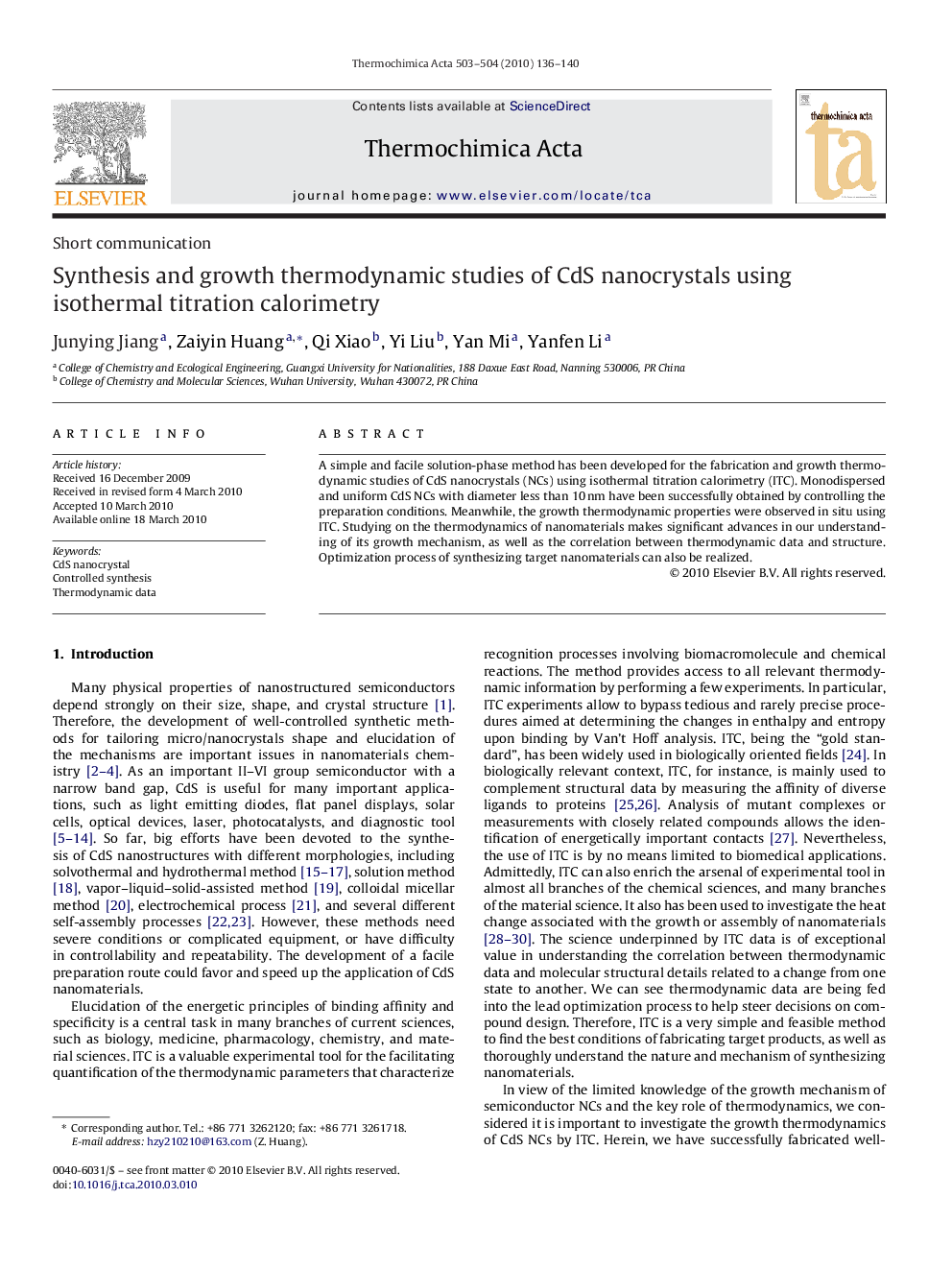 Synthesis and growth thermodynamic studies of CdS nanocrystals using isothermal titration calorimetry