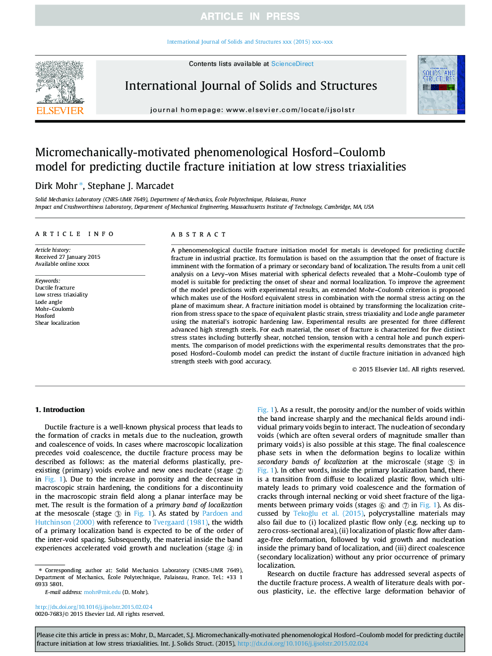 Micromechanically-motivated phenomenological Hosford-Coulomb model for predicting ductile fracture initiation at low stress triaxialities