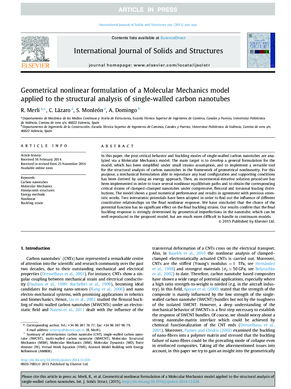 Geometrical nonlinear formulation of a Molecular Mechanics model applied to the structural analysis of single-walled carbon nanotubes