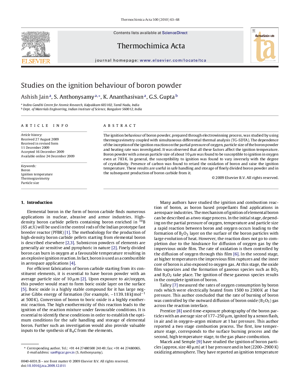 Studies on the ignition behaviour of boron powder