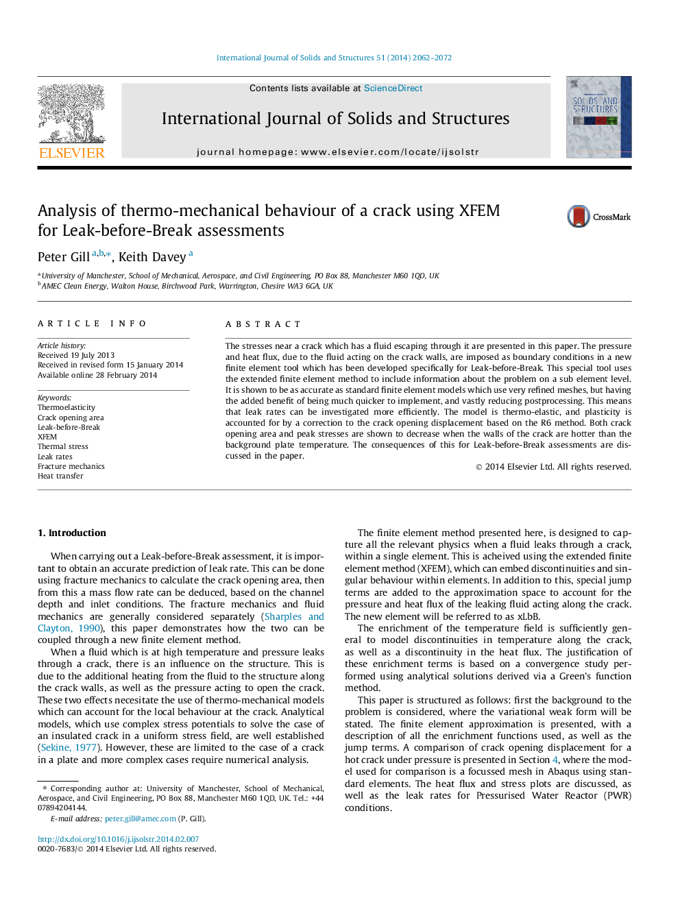 Analysis of thermo-mechanical behaviour of a crack using XFEM for Leak-before-Break assessments