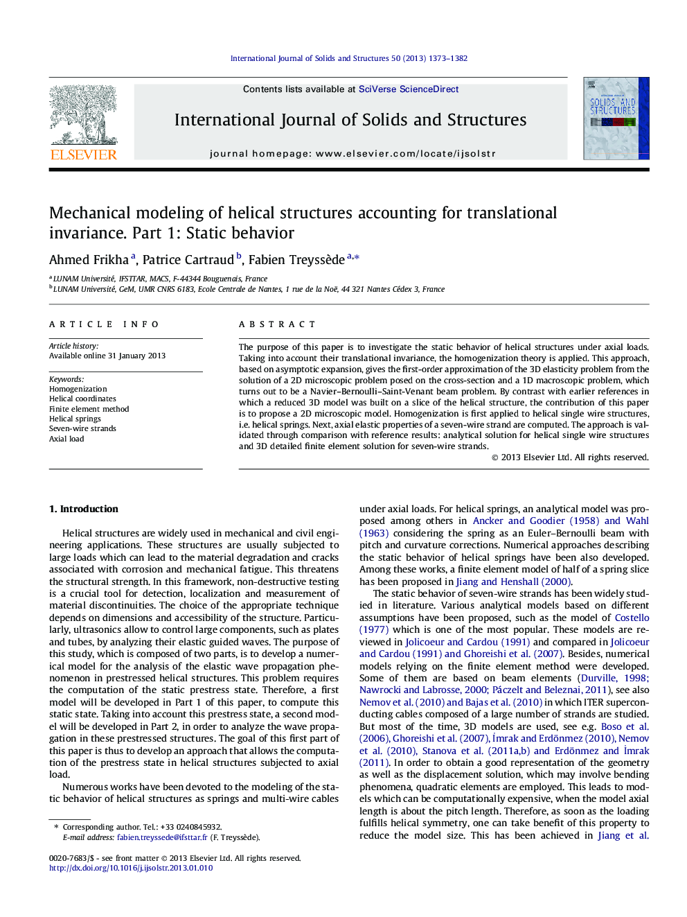 Mechanical modeling of helical structures accounting for translational invariance. Part 1: Static behavior