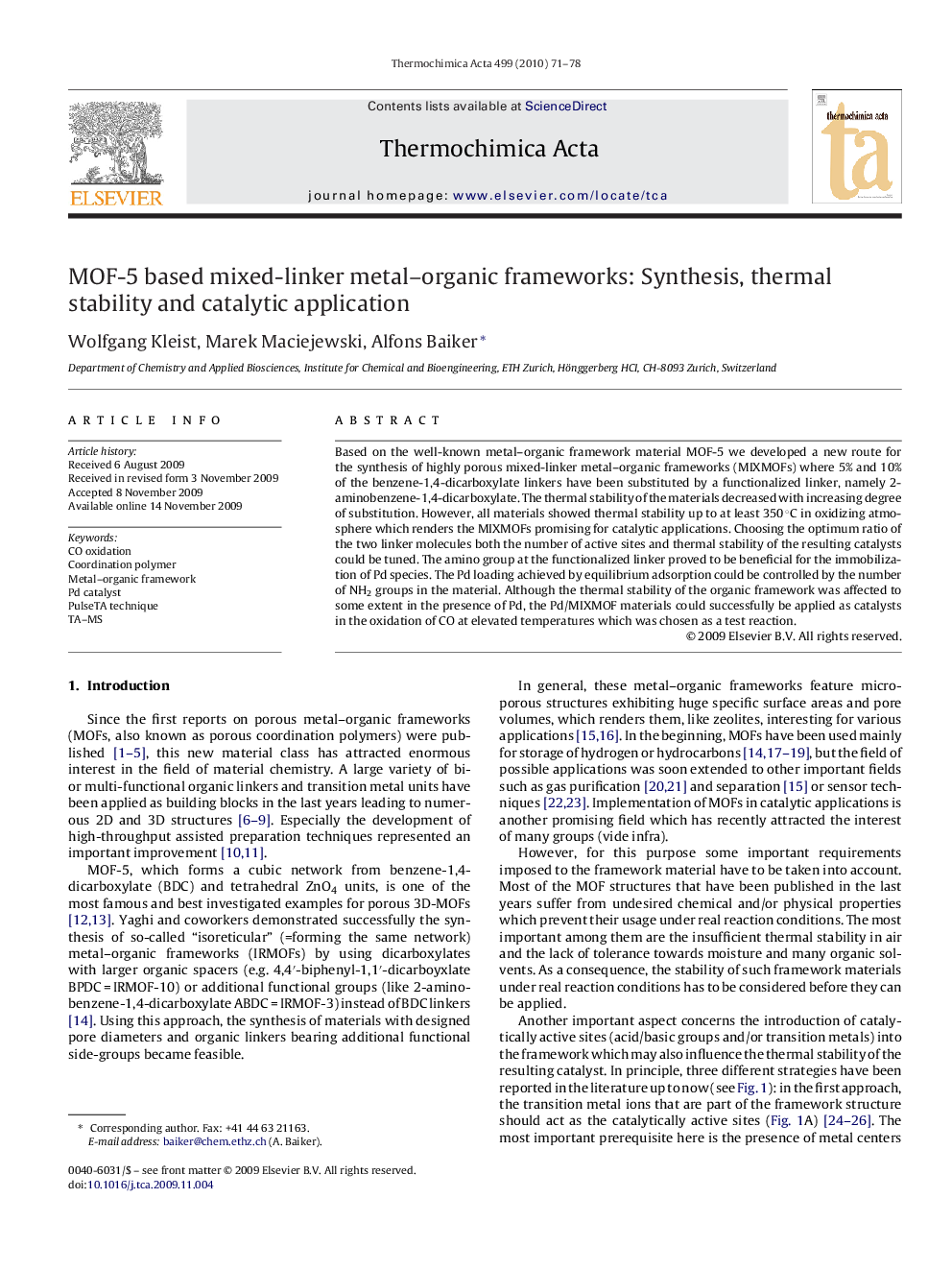 عکس صفحه اول مقاله: MOF-5 based mixed-linker metal-organic frameworks: Synthesis, thermal stability and catalytic application MOF-5 based mixed-linker metal-organic frameworks: Synthesis, thermal stability and catalytic application