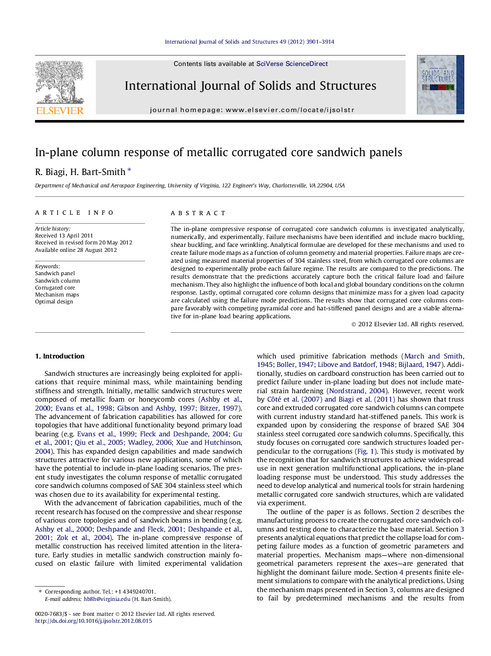 In-plane column response of metallic corrugated core sandwich panels