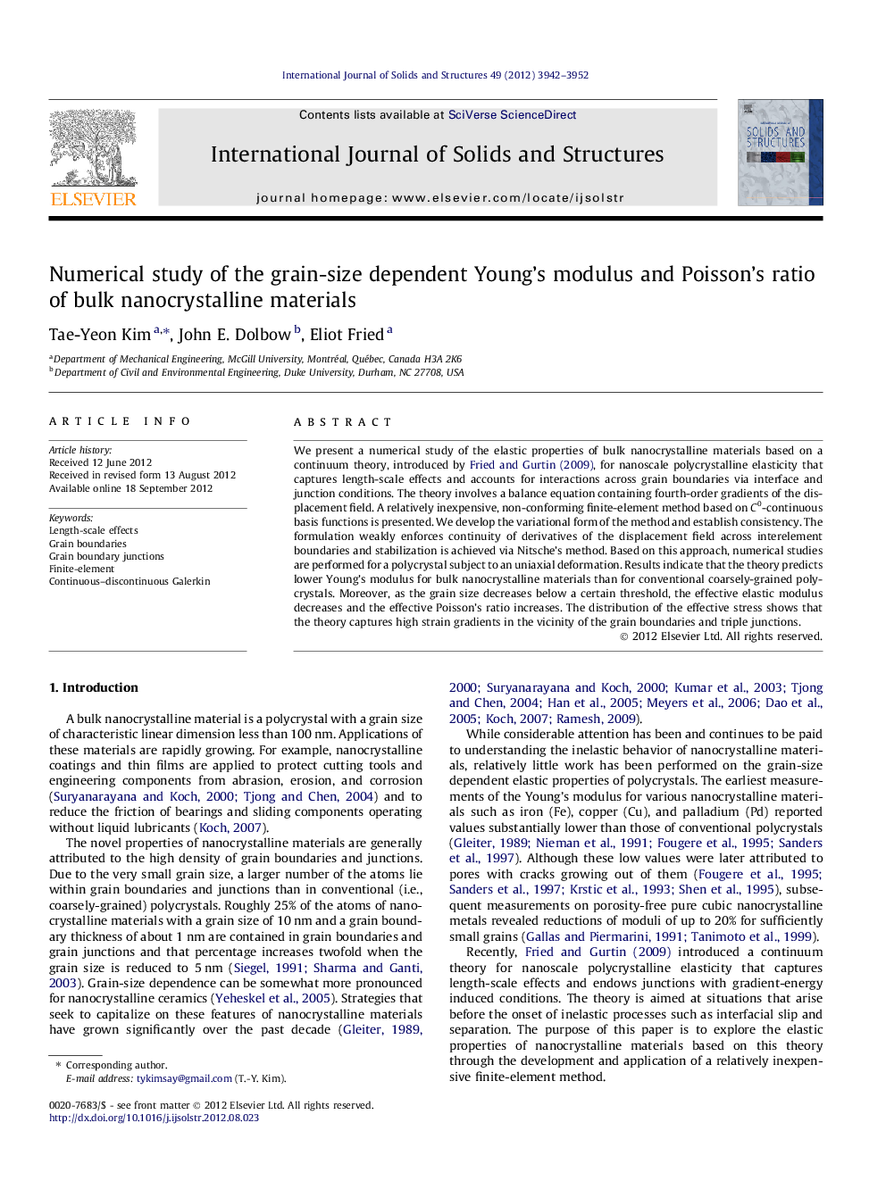 Numerical study of the grain-size dependent Young's modulus and Poisson's ratio of bulk nanocrystalline materials