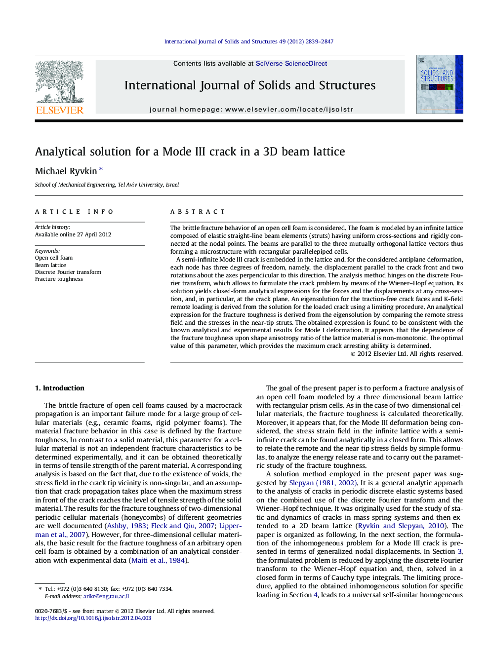 Analytical solution for a Mode III crack in a 3D beam lattice