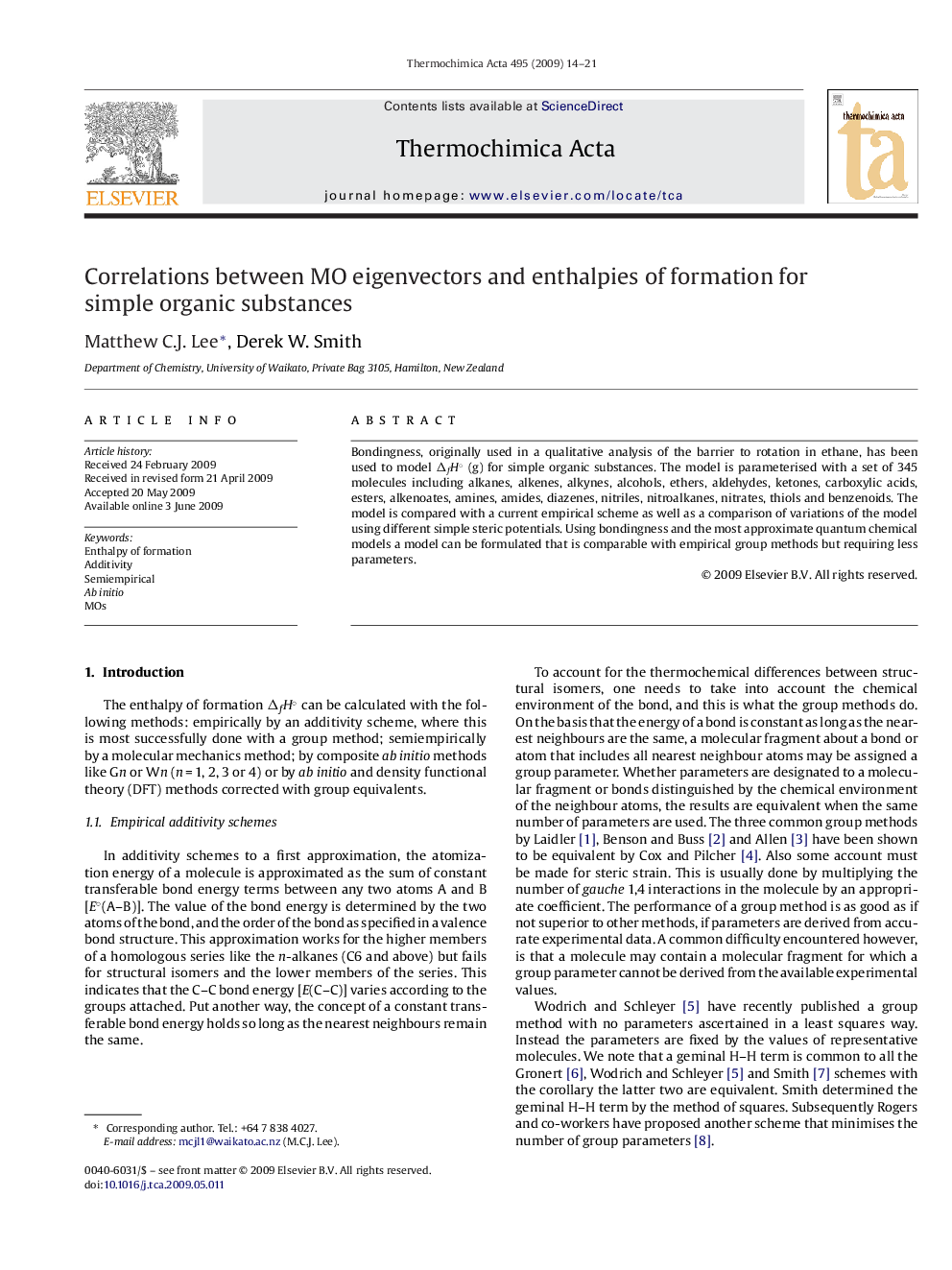 Correlations between MO eigenvectors and enthalpies of formation for simple organic substances