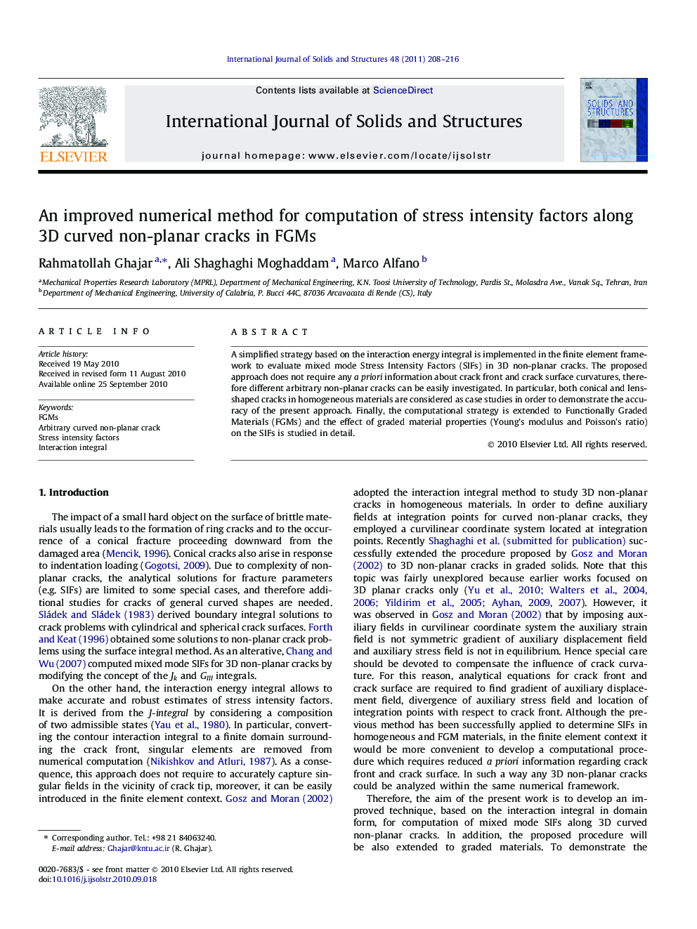 An improved numerical method for computation of stress intensity factors along 3D curved non-planar cracks in FGMs