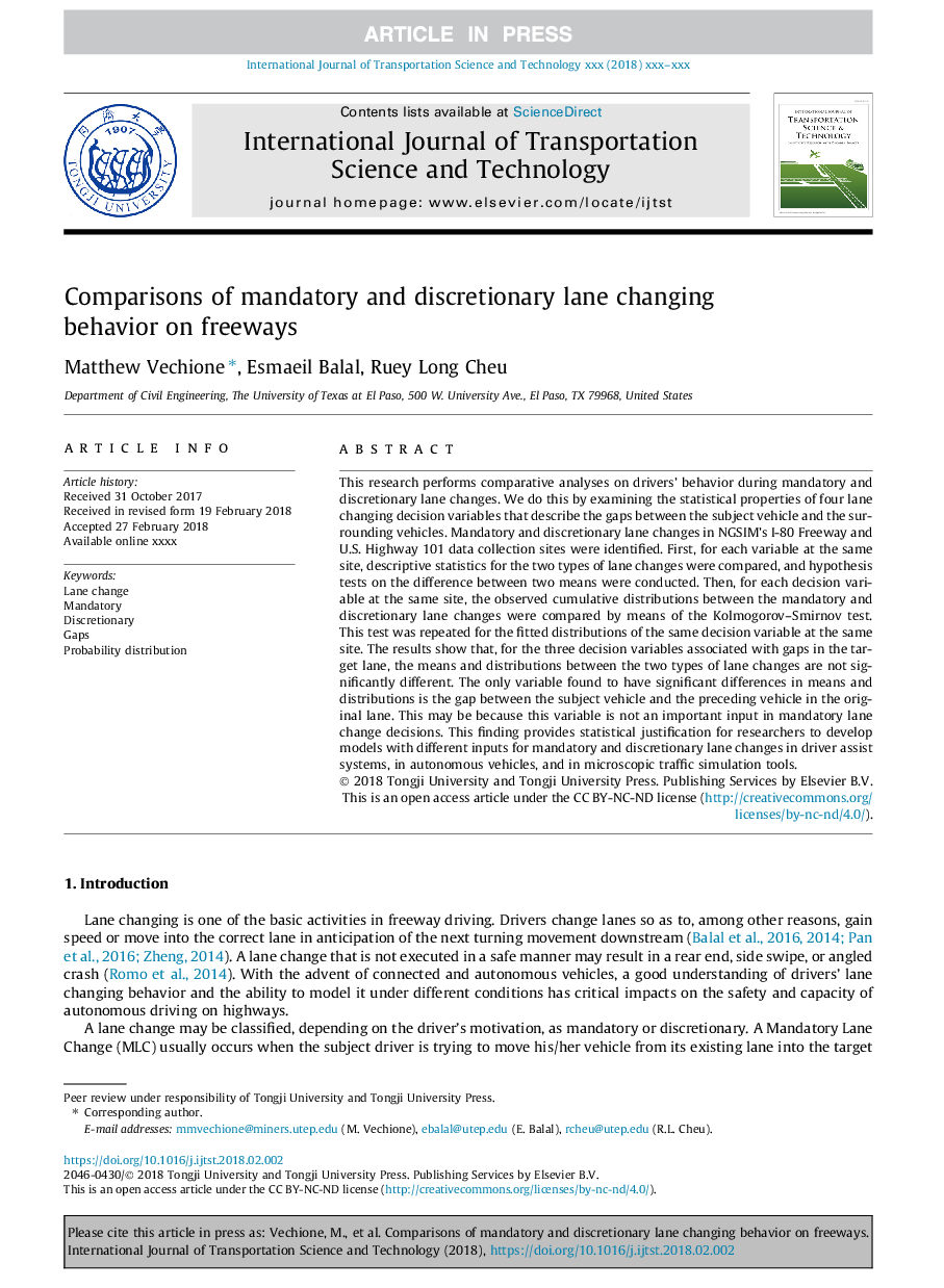 Comparisons of mandatory and discretionary lane changing behavior on freeways