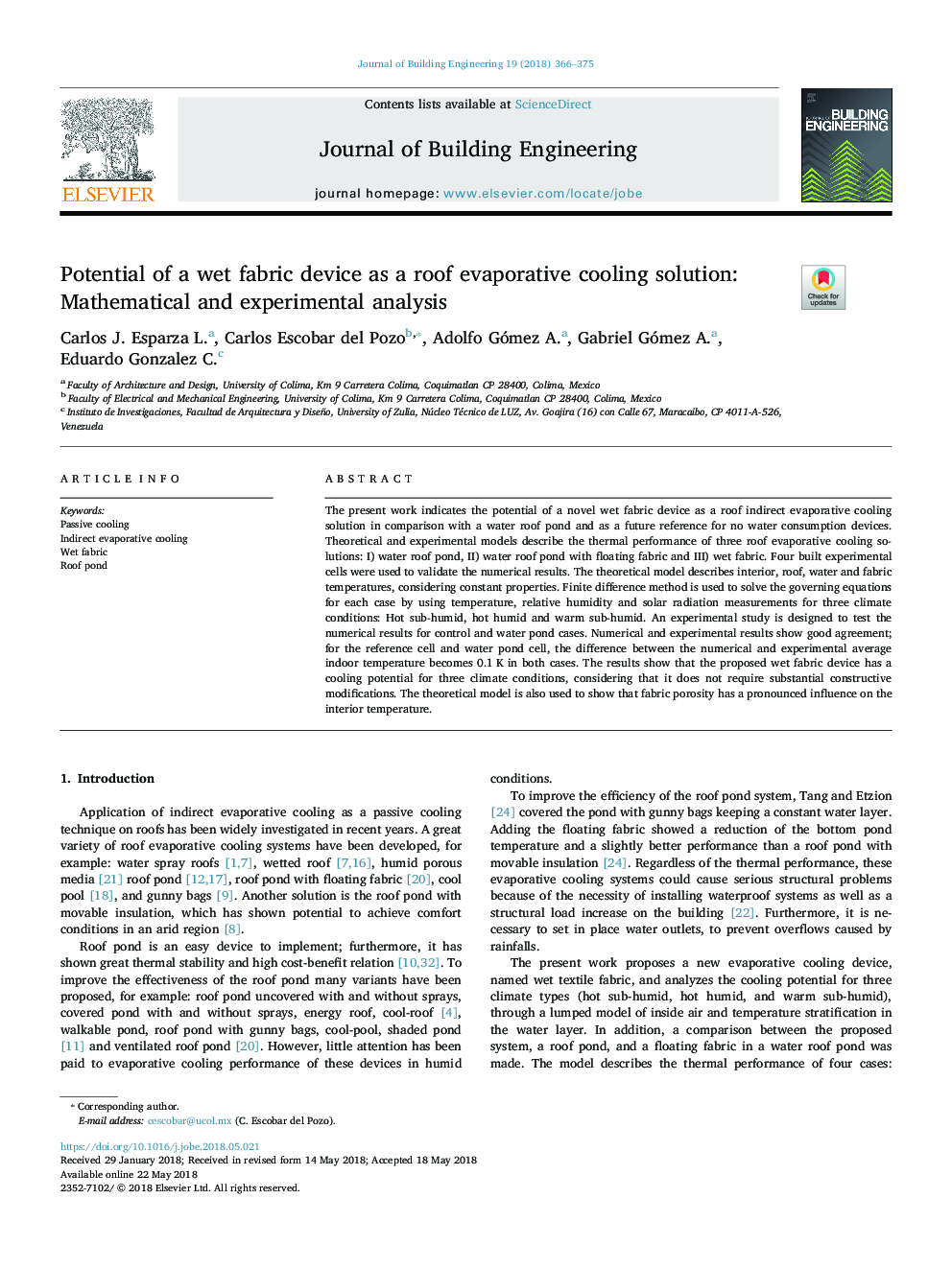 Potential of a wet fabric device as a roof evaporative cooling solution: Mathematical and experimental analysis