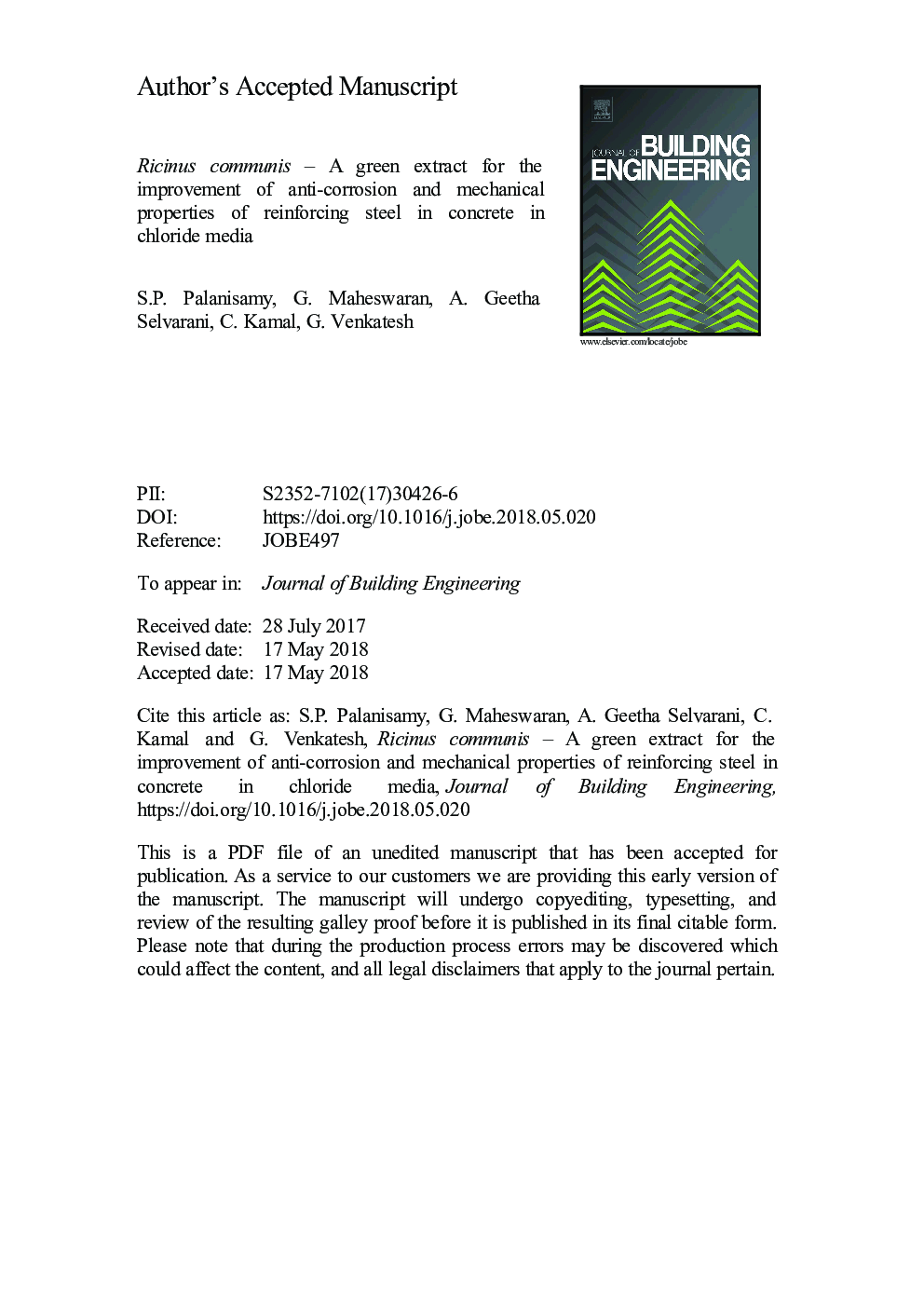 Ricinus communis - A green extract for the improvement of anti-corrosion and mechanical properties of reinforcing steel in concrete in chloride media