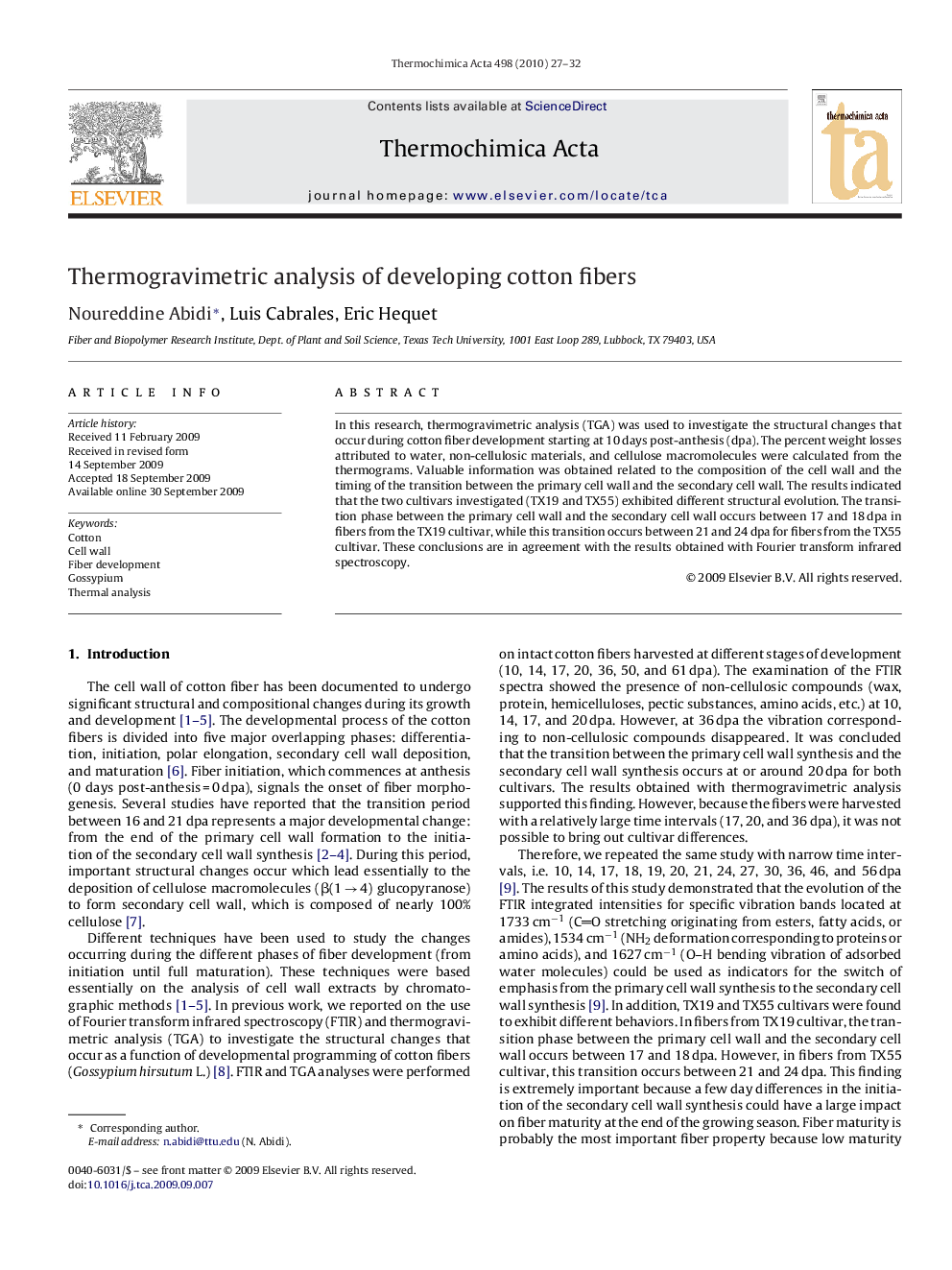 Thermogravimetric analysis of developing cotton fibers