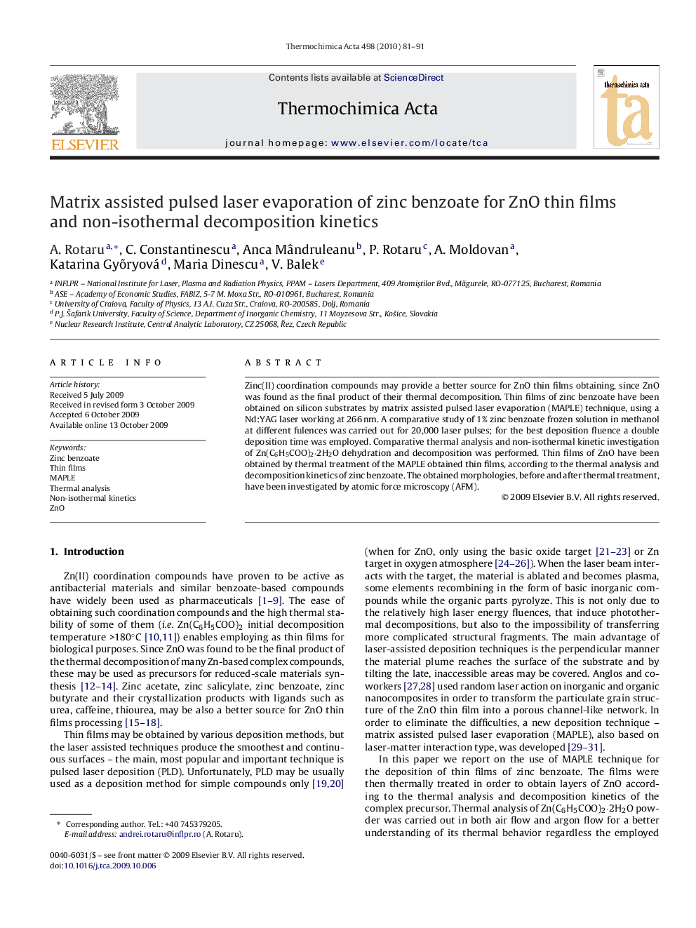 Matrix assisted pulsed laser evaporation of zinc benzoate for ZnO thin films and non-isothermal decomposition kinetics