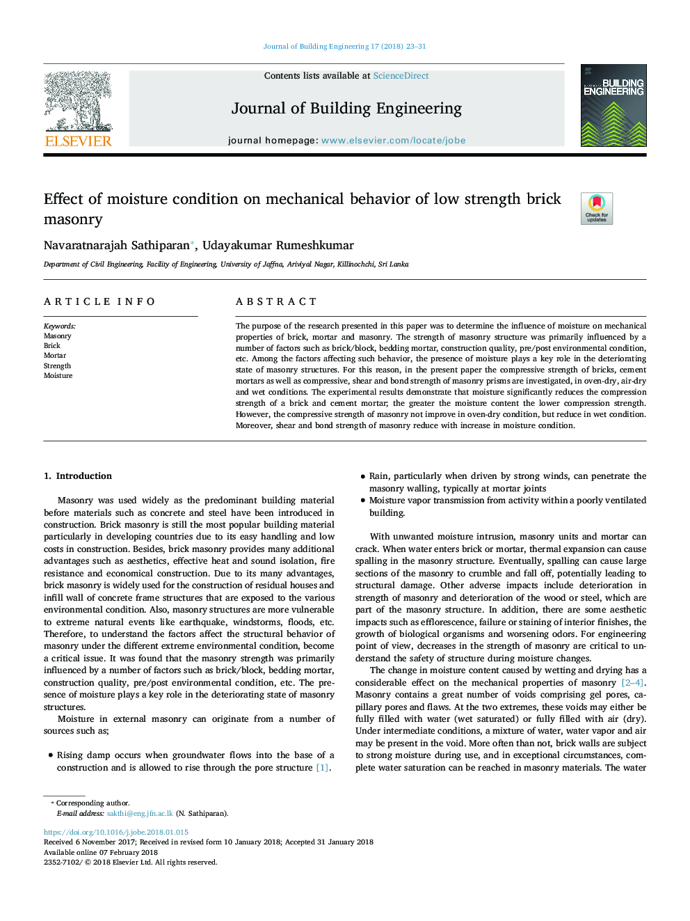 Effect of moisture condition on mechanical behavior of low strength brick masonry