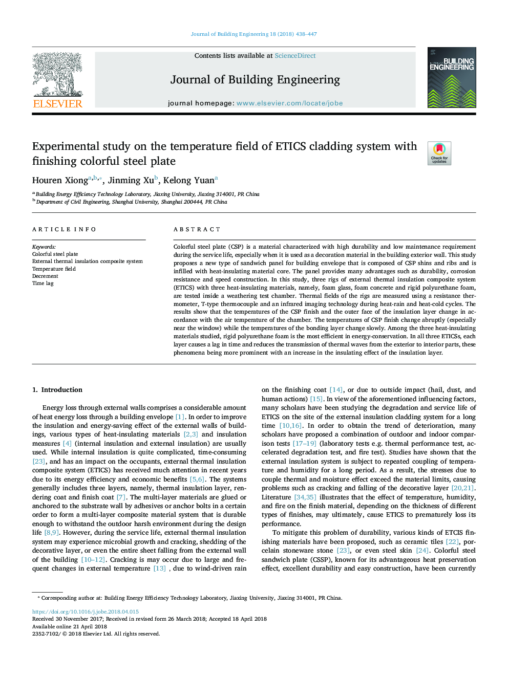 Experimental study on the temperature field of ETICS cladding system with finishing colorful steel plate