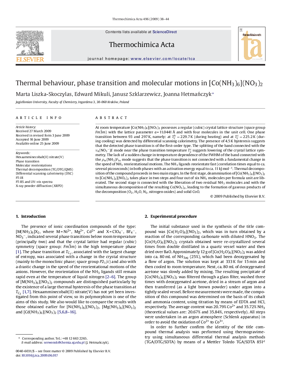 Thermal behaviour, phase transition and molecular motions in [Co(NH3)6](NO3)2