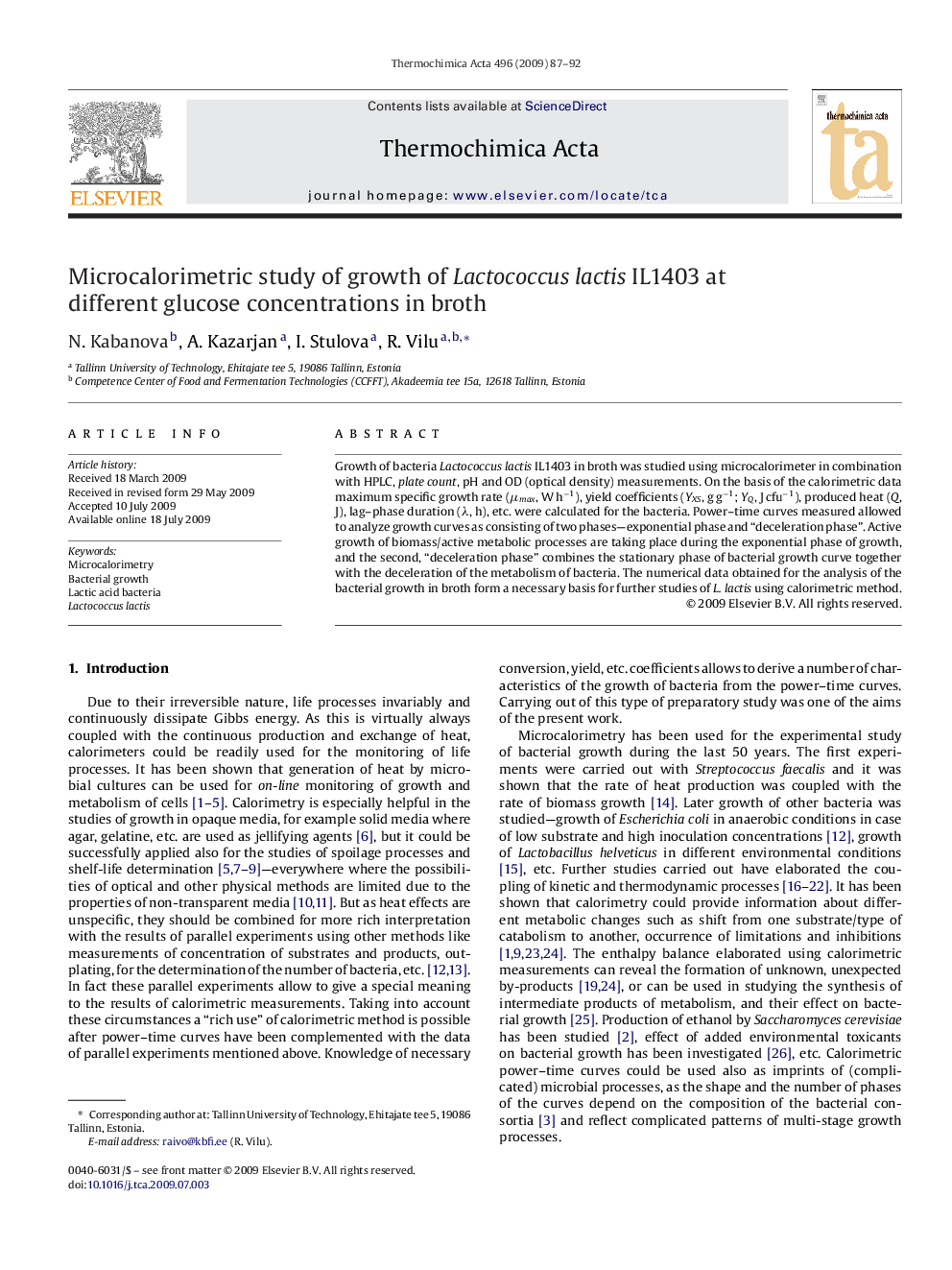 Microcalorimetric study of growth of Lactococcus lactis IL1403 at different glucose concentrations in broth