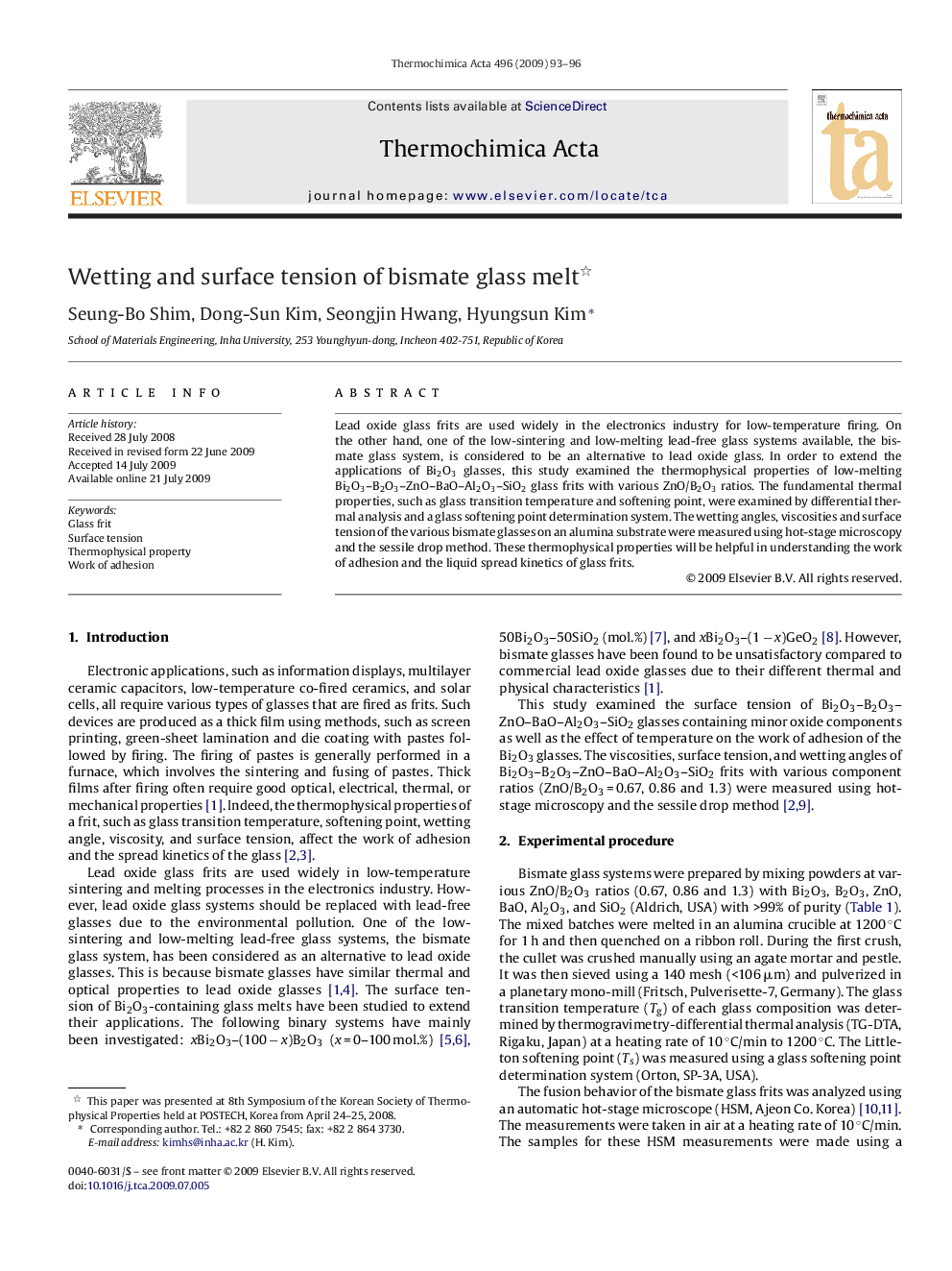 Wetting and surface tension of bismate glass melt 