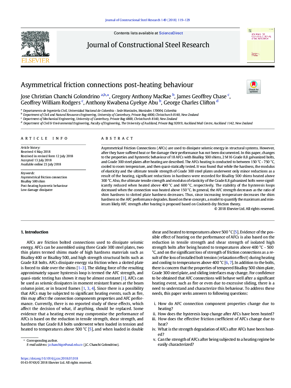 Asymmetrical friction connections post-heating behaviour