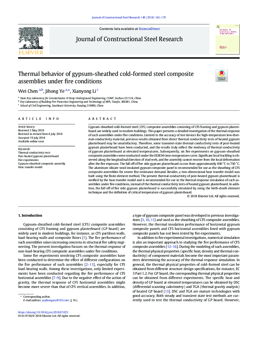 Thermal behavior of gypsum-sheathed cold-formed steel composite assemblies under fire conditions