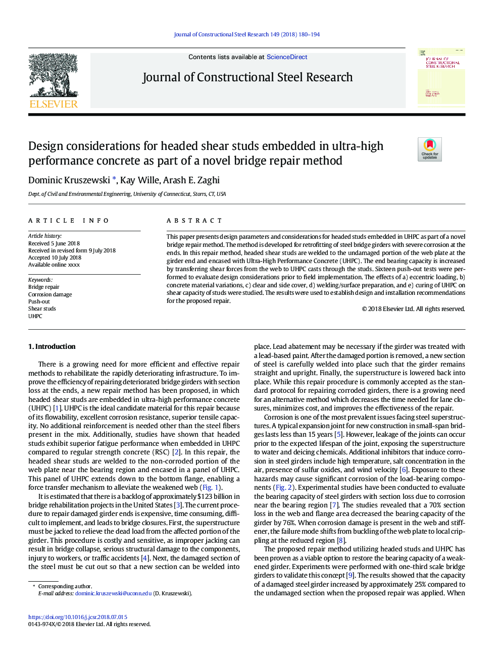 Design considerations for headed shear studs embedded in ultra-high performance concrete as part of a novel bridge repair method