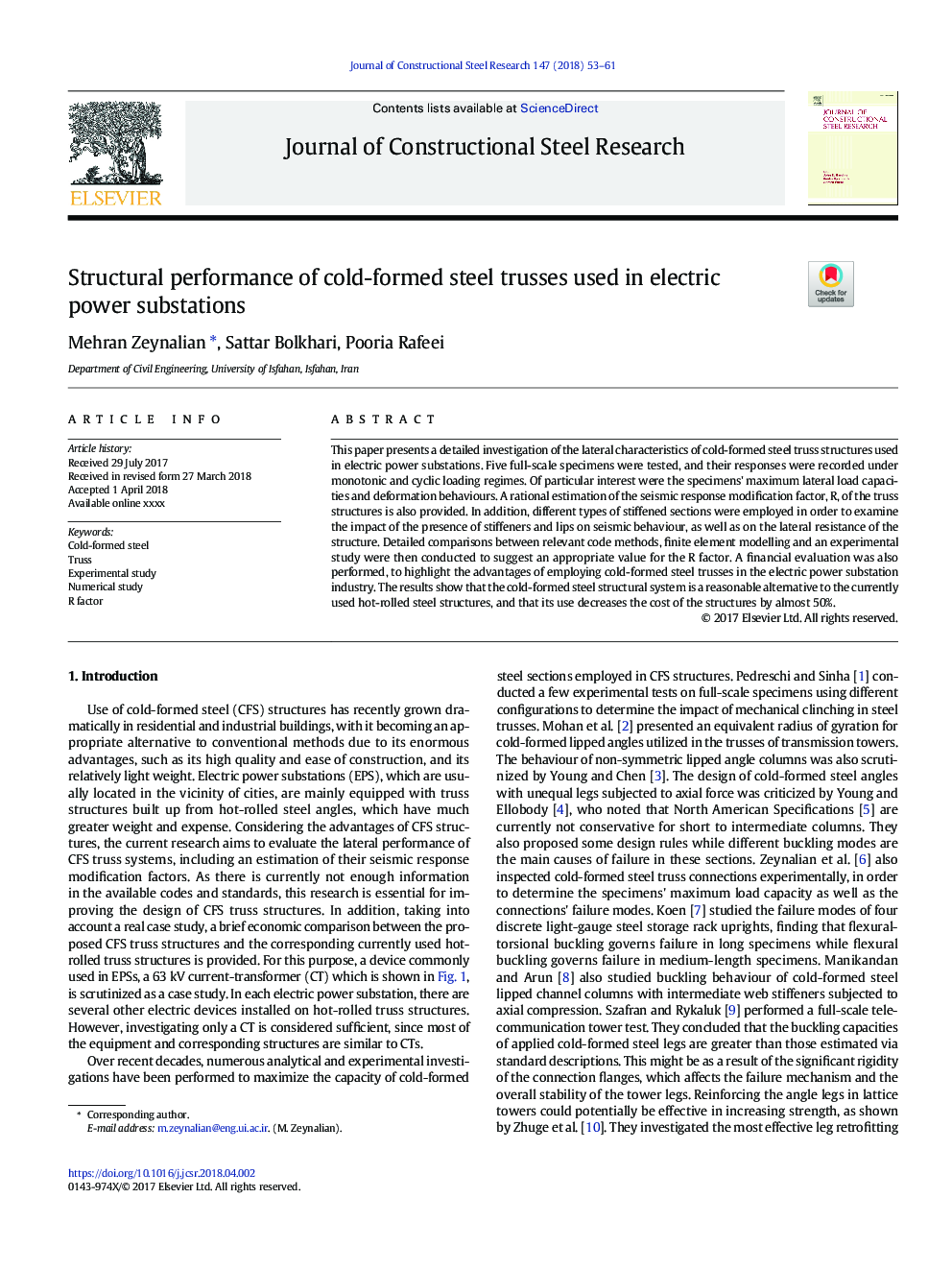 Structural performance of cold-formed steel trusses used in electric power substations