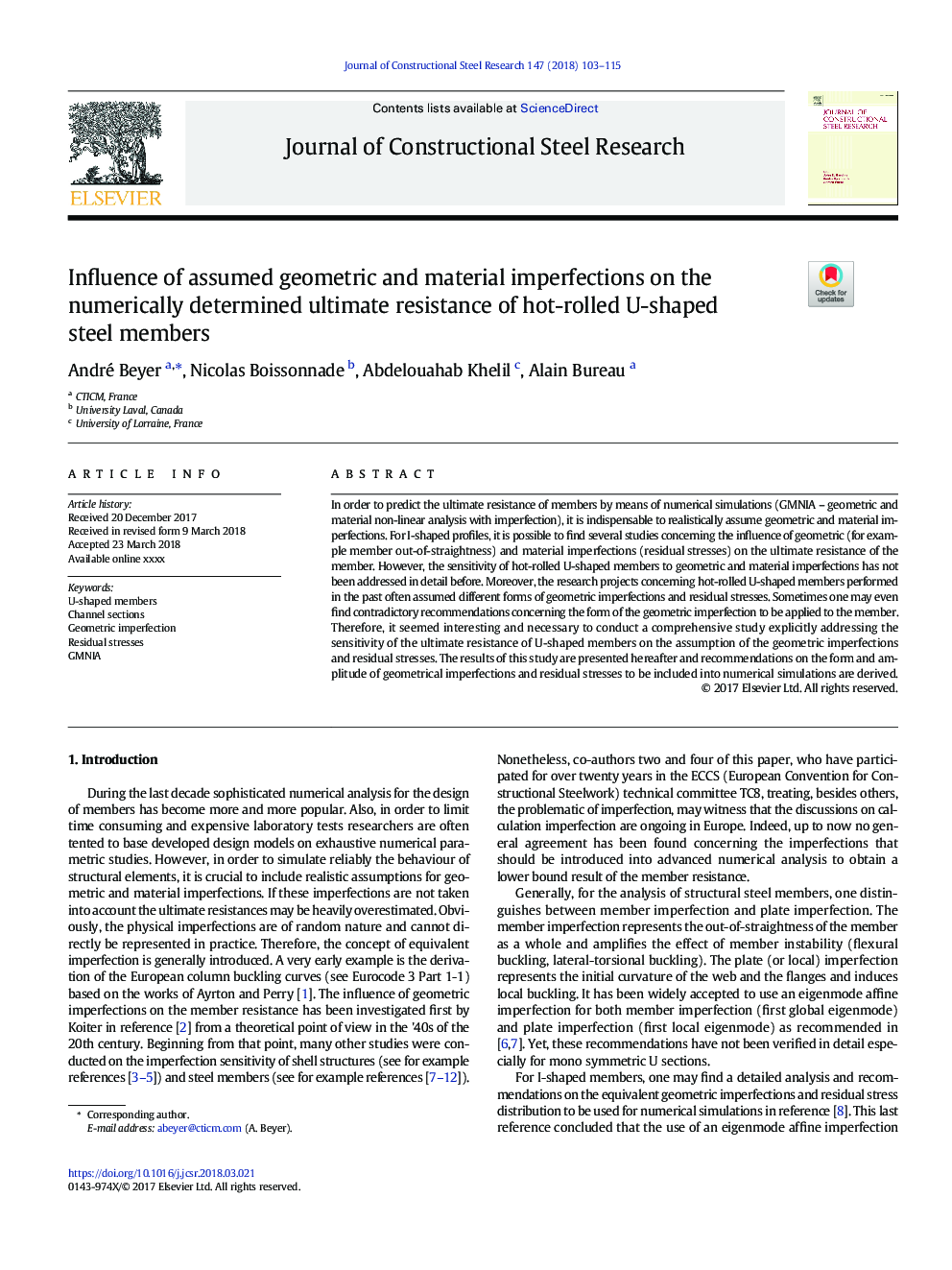 Influence of assumed geometric and material imperfections on the numerically determined ultimate resistance of hot-rolled U-shaped steel members