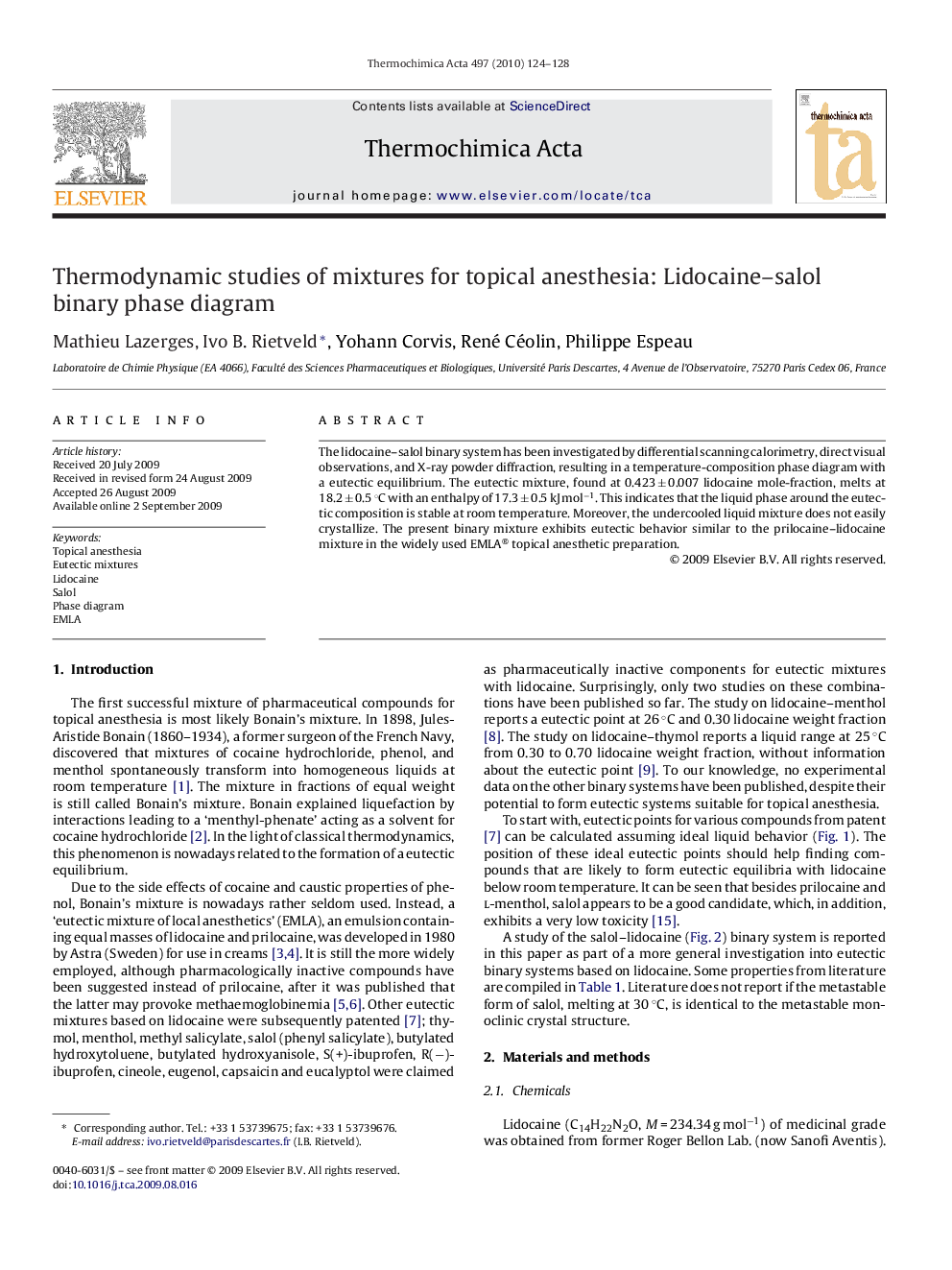 Thermodynamic studies of mixtures for topical anesthesia: Lidocaine–salol binary phase diagram