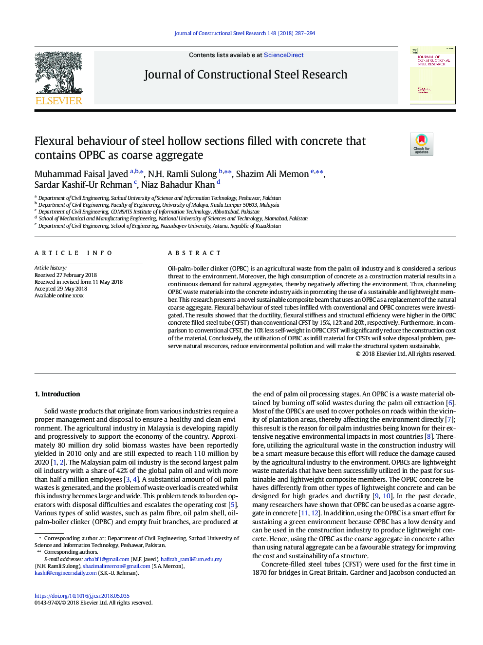عکس صفحه اول مقاله: Flexural behaviour of steel hollow sections filled with concrete that contains OPBC as coarse aggregate Flexural behaviour of steel hollow sections filled with concrete that contains OPBC as coarse aggregate