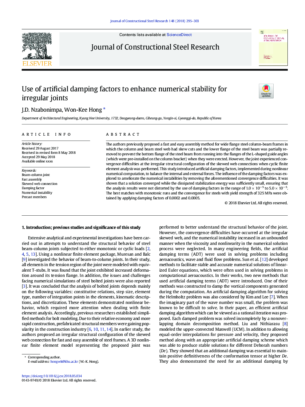 Use of artificial damping factors to enhance numerical stability for irregular joints