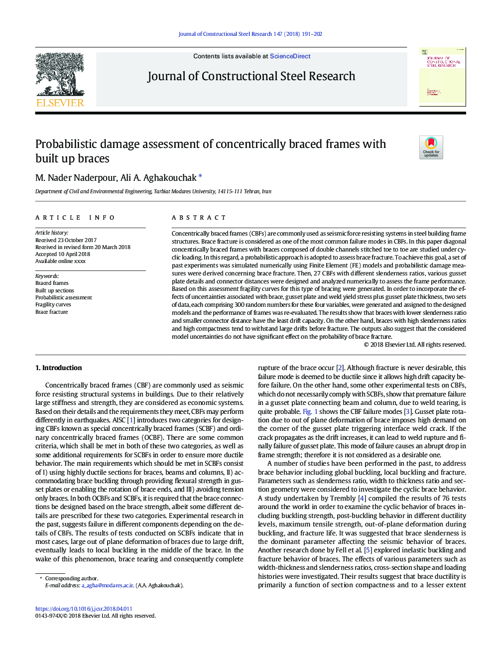 Probabilistic damage assessment of concentrically braced frames with built up braces