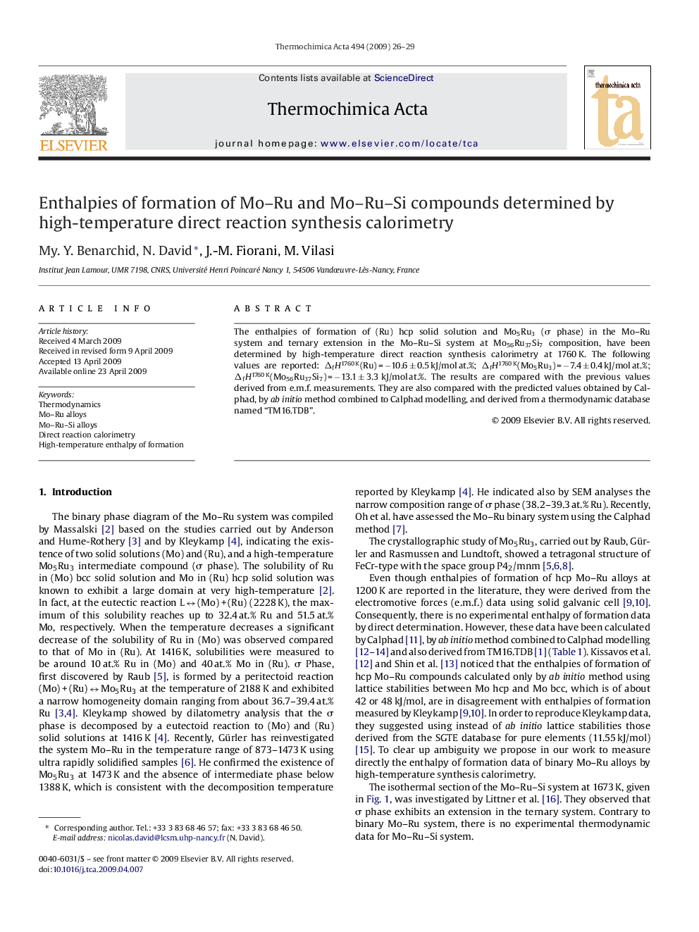 Enthalpies of formation of Mo–Ru and Mo–Ru–Si compounds determined by high-temperature direct reaction synthesis calorimetry