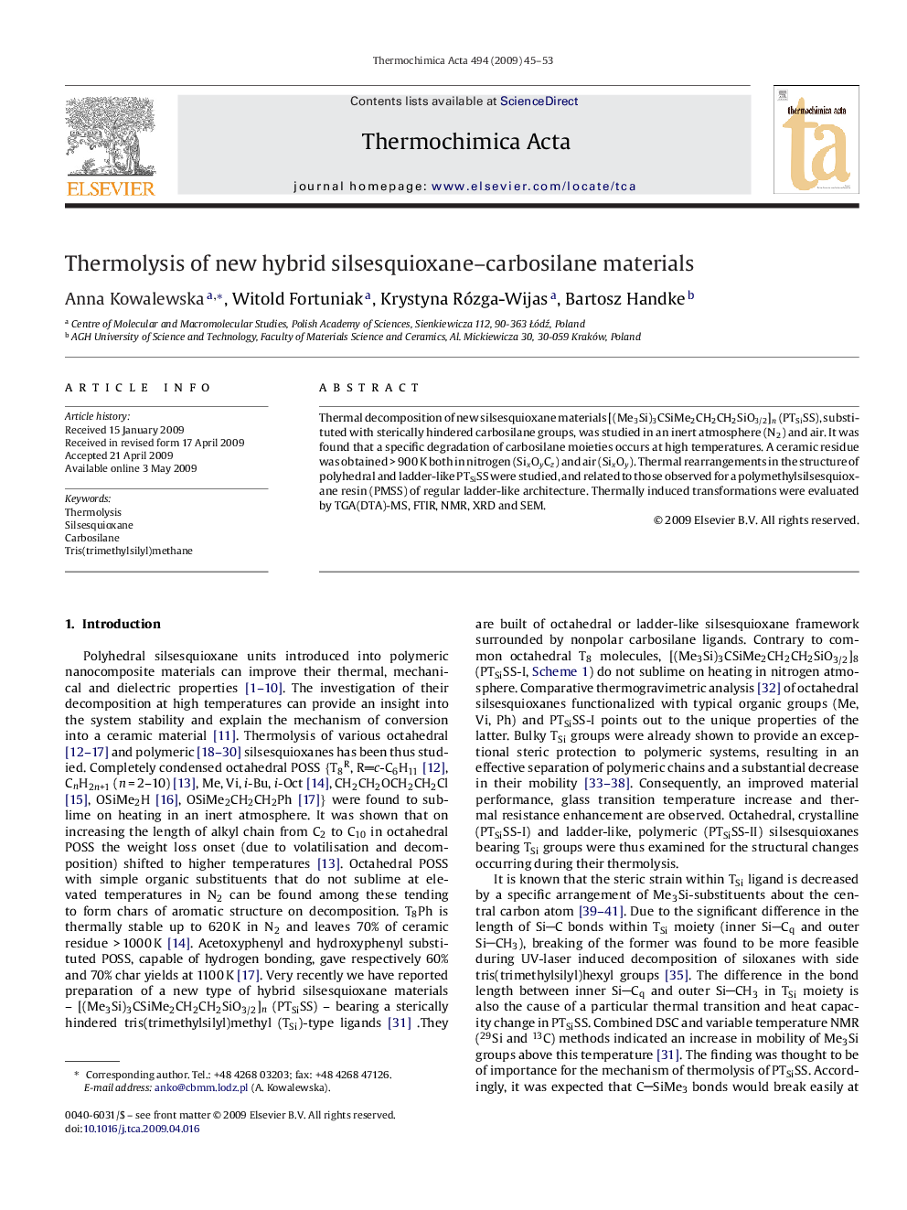 Thermolysis of new hybrid silsesquioxane–carbosilane materials