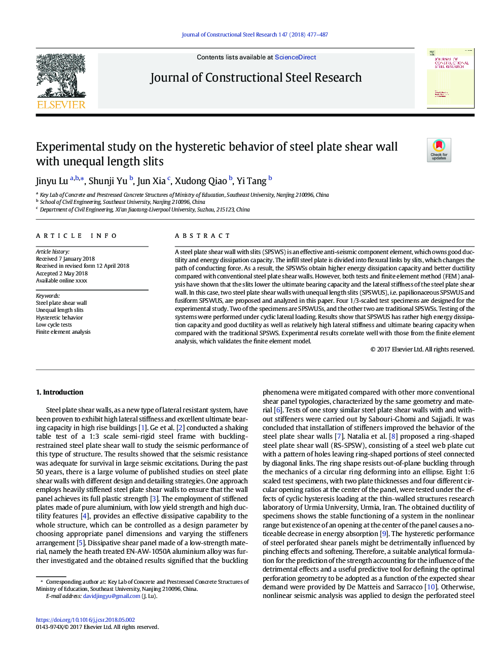 Experimental study on the hysteretic behavior of steel plate shear wall with unequal length slits