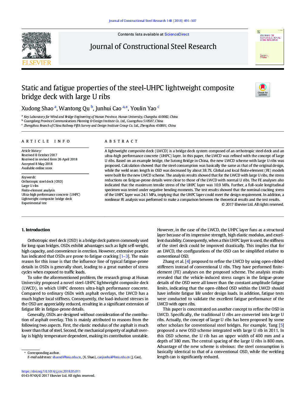 Static and fatigue properties of the steel-UHPC lightweight composite bridge deck with large U ribs