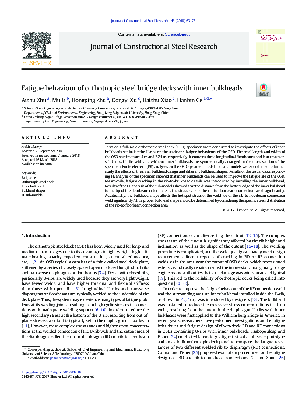 Fatigue behaviour of orthotropic steel bridge decks with inner bulkheads