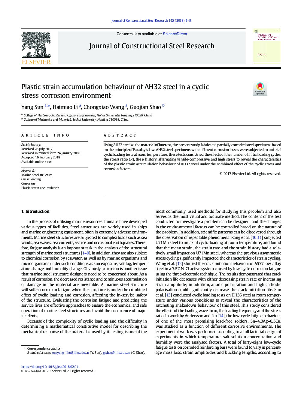 Plastic strain accumulation behaviour of AH32 steel in a cyclic stress-corrosion environment