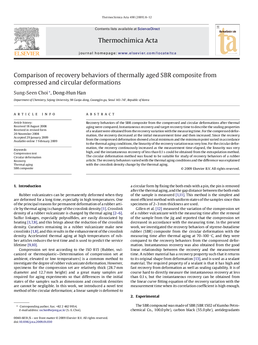 Comparison of recovery behaviors of thermally aged SBR composite from compressed and circular deformations