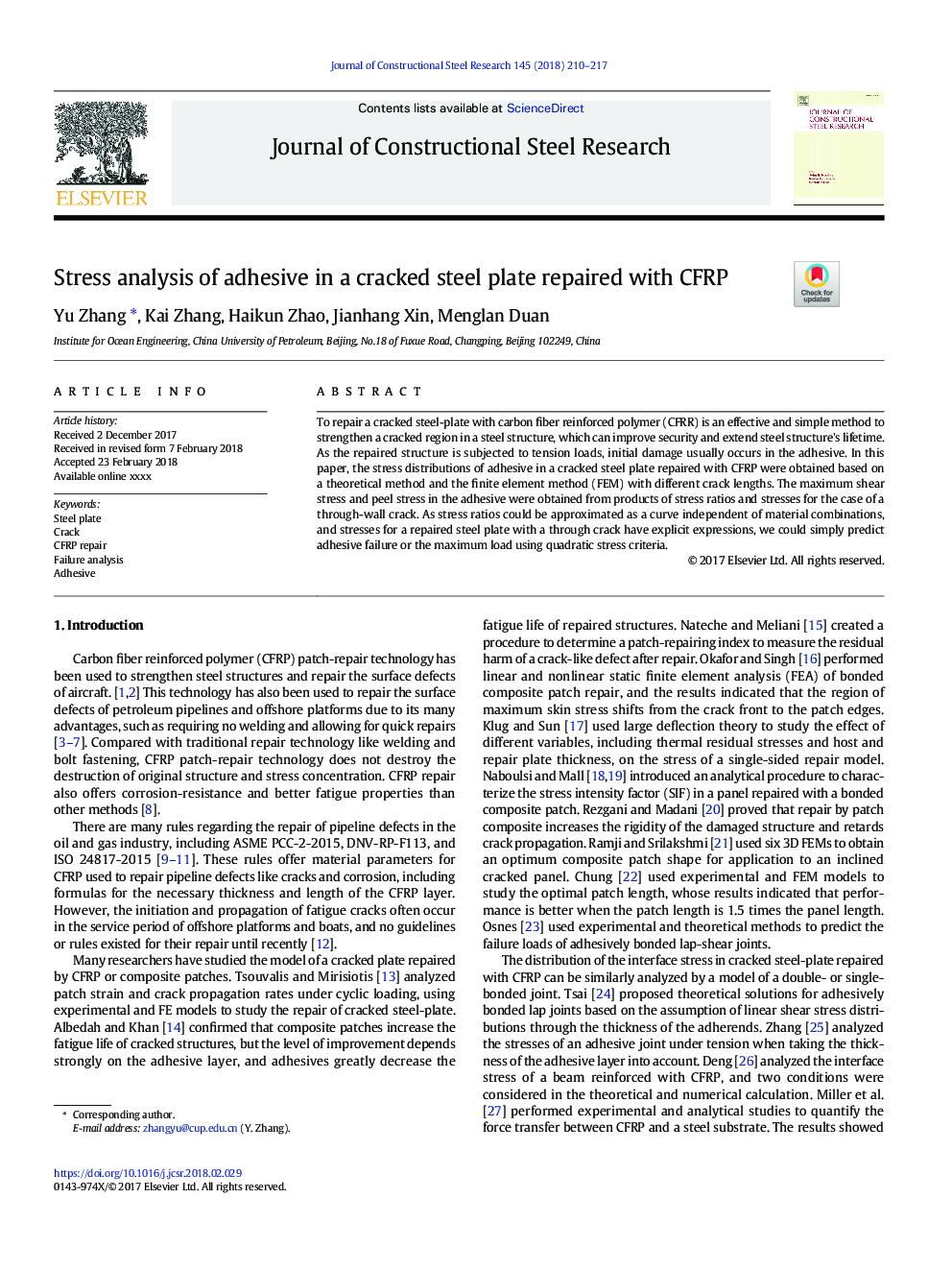 Stress analysis of adhesive in a cracked steel plate repaired with CFRP