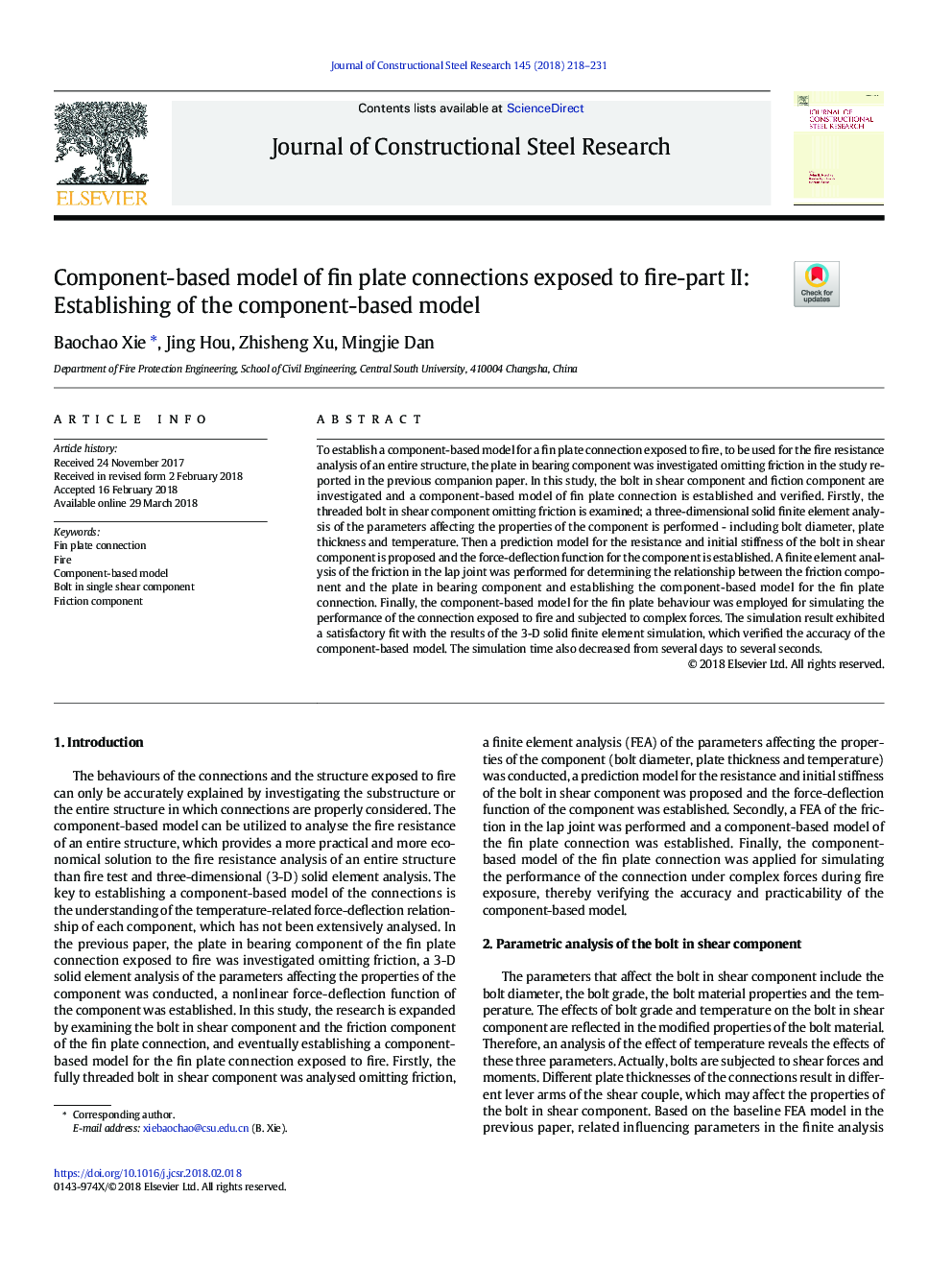 Component-based model of fin plate connections exposed to fire-part II: Establishing of the component-based model