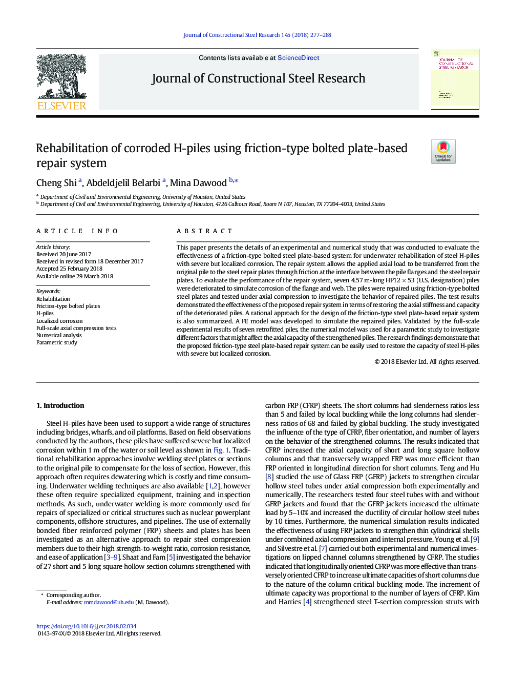 Rehabilitation of corroded H-piles using friction-type bolted plate-based repair system