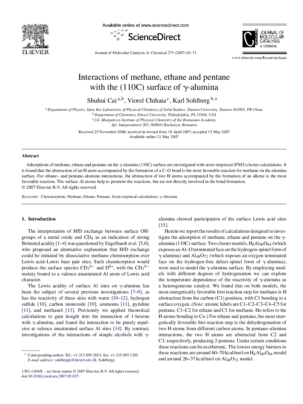 Interactions of methane, ethane and pentane with the (110C) surface of γ-alumina