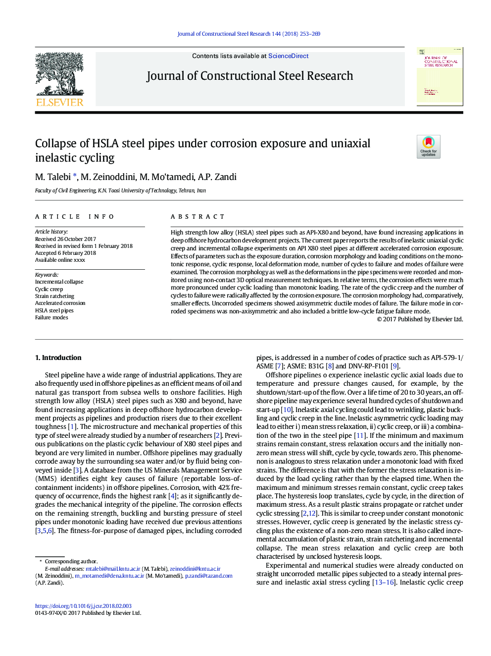 Collapse of HSLA steel pipes under corrosion exposure and uniaxial inelastic cycling